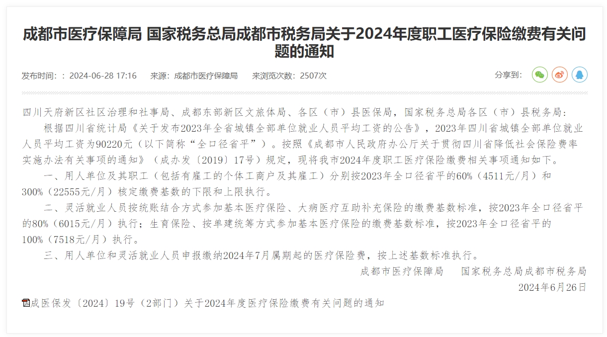 成都最新醫(yī)保繳費基數(shù)出爐！ 第1張